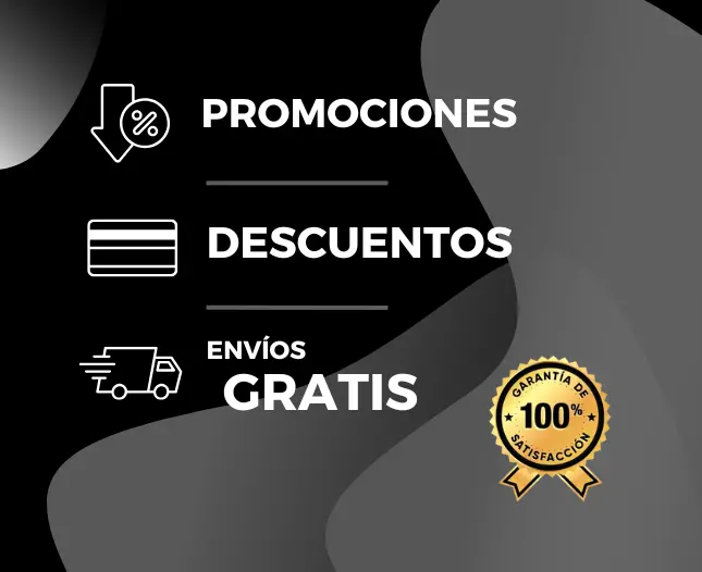 Anuncio en fondo negro mostrando mensajes de promociones, descuentos y envío.