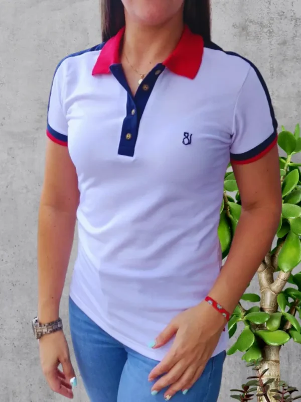 Blanco Rojo MLE7 Camiseta Polo Dama MLE7