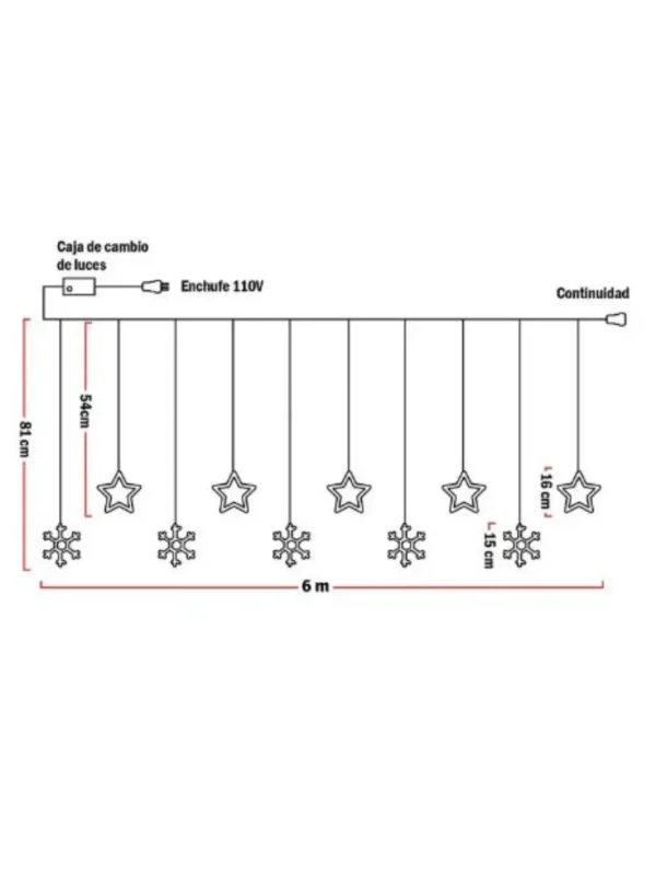 Imagen medidas de la extensión luces led estrellas y copos