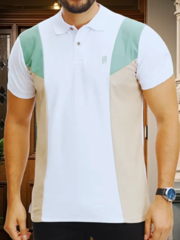 Polo_Blanco_Olivo_Trigo Imagen de modelo con camiseta