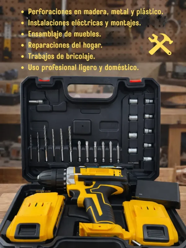 Imagen mostrando el maletín, accesorios y beneficios del Taladro Inalámbrico