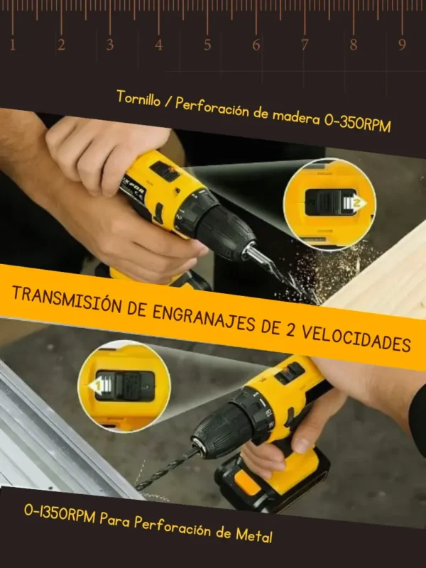 Imagen mostrando características madera y metal del Taladro Inalámbrico